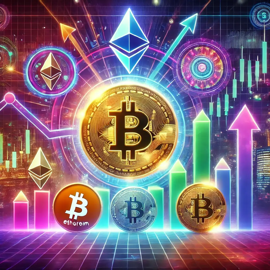 evolution of cryptocurrency, highlighting Bitcoin’s dominance, altcoin growth, and institutional influence in a futuristic, dynamic setting.